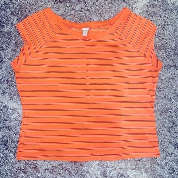 T Shirt Top Size Large Cap Sleeves Orange Stripes Short Sleeves Lightweight - Picture 1 of 5